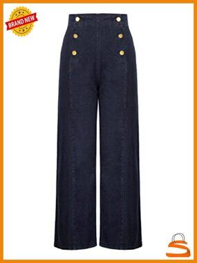 High Waisted Wide Leg Jeans Button Decorated Stretchy Demin Pants with Pockets